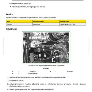May include: Technical diagram with instructions for adjusting system pressure. Includes a detailed image of the hydraulic pump components, labeled with letters for identification. The text provides step-by-step instructions for adjustment and specifications.
