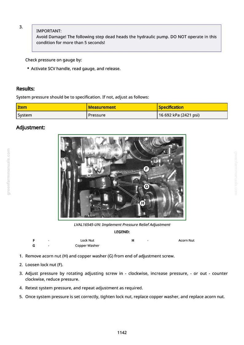 May include: Technical diagram with instructions for adjusting system pressure. Includes a detailed image of the hydraulic pump components, labeled with letters for identification. The text provides step-by-step instructions for adjustment and specifications.