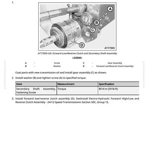 Op de afbeelding: Diagram van de installatie van een secundaire as-assemblage voor een 24/12-versnellingsbak. De afbeelding toont onderdelen A, B, C en D met een koppel specificatie van 80 N-m (59 lb-ft).