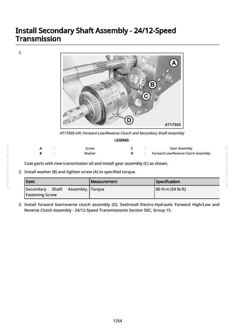 Op de afbeelding: Diagram van de installatie van een secundaire as-assemblage voor een 24/12-versnellingsbak. De afbeelding toont onderdelen A, B, C en D met een koppel specificatie van 80 N-m (59 lb-ft).