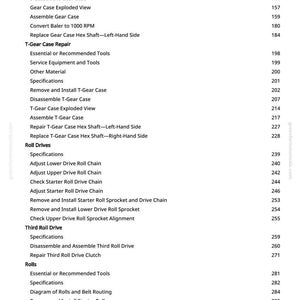 Op de afbeelding: Een pagina uit een handleiding met een inhoudsopgave. De tekst bevat secties over versnellingsbakreparatie, rolaandrijvingen en de derde rolaandrijving, met paginanummers aan de rechterkant.