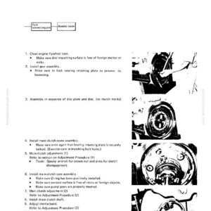 K&ouml;nnte beinhalten: Eine technische Zeichnung mit Text und Illustrationen, die die Demontage und Montage einer Hauptkupplung detailliert. Das Dokument enth&auml;lt nummerierte Schritte, Diagramme und Komponentennamen wie "Fork connecting pin" und "Booster cover."