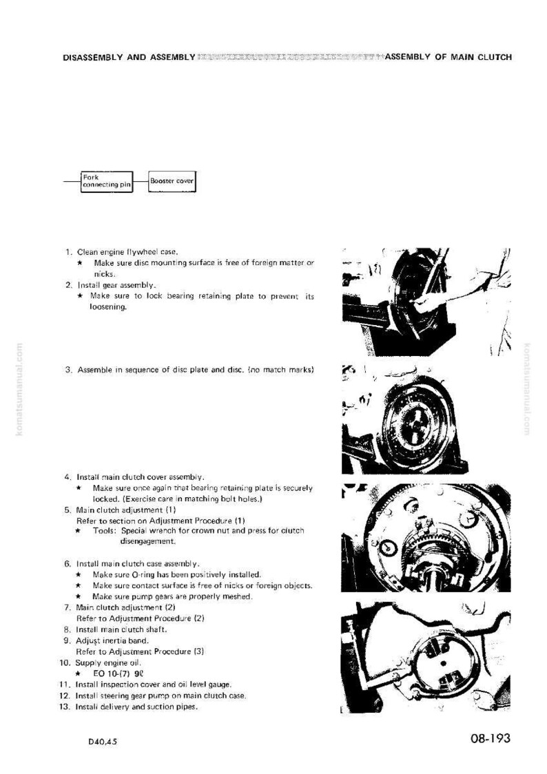 K&ouml;nnte beinhalten: Eine technische Zeichnung mit Text und Illustrationen, die die Demontage und Montage einer Hauptkupplung detailliert. Das Dokument enth&auml;lt nummerierte Schritte, Diagramme und Komponentennamen wie "Fork connecting pin" und "Booster cover."