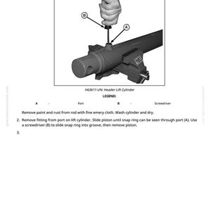 May include: Diagram illustrating the disassembly and assembly of a header lift cylinder. The image shows a close-up of the cylinder with arrows pointing to different parts, and a hand using a screwdriver. Text includes instructions and a legend.