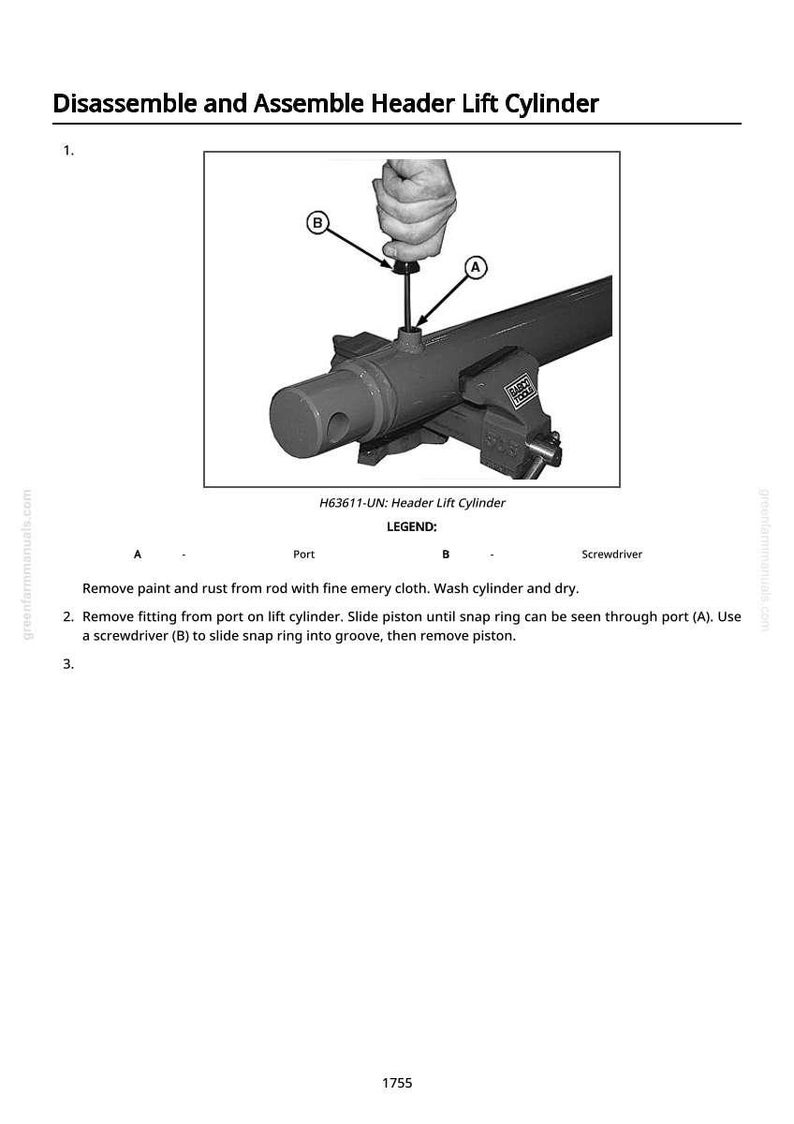 May include: Diagram illustrating the disassembly and assembly of a header lift cylinder. The image shows a close-up of the cylinder with arrows pointing to different parts, and a hand using a screwdriver. Text includes instructions and a legend.