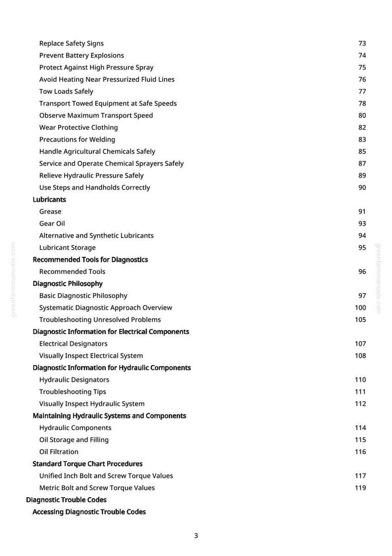 May include: A manual page with a detailed contents list. Topics include safety measures, diagnostic data, and maintenance procedures for machinery. Page numbers are on the right-hand side.