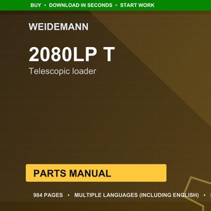 Może przedstawiać: Cyfrowa instrukcja części do ładowarki teleskopowej Weidemann 2080LP T. Okładka to gradient brązu i złota z białym tekstem "WEIDEMANN" i "2080LP T". Instrukcja oznaczona jest jako "PARTS MANUAL" i zawiera 984 strony.