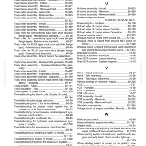 Puede incluir: Una p&aacute;gina de manual con un &iacute;ndice de t&eacute;rminos y n&uacute;meros de p&aacute;gina. El &iacute;ndice incluye t&eacute;rminos como "Track frame", "Troubleshooting" y "Urea SCR system". La p&aacute;gina es blanca con texto negro.