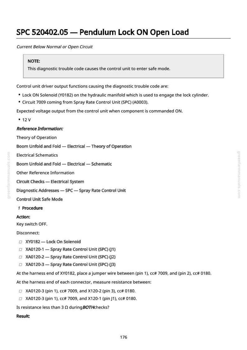 Pu&ograve; includere: Un documento bianco con testo nero che descrive le procedure diagnostiche per un blocco a pendolo, inclusi l'uscita di tensione e i controlli del circuito. Il documento &egrave; etichettato SPC 520402.05 e include una nota sulla modalit&agrave; sicura.