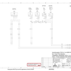 Op de afbeelding: Een technische tekening met een witte achtergrond, met een schema van een motorbedrading. Het diagram bevat verschillende elektrische componenten, lijnen en tekstlabels. De tekst bevat "TERMINAL DIAGRAM TCD 4.1 L4 AGRI POWER" en "Engine harness".