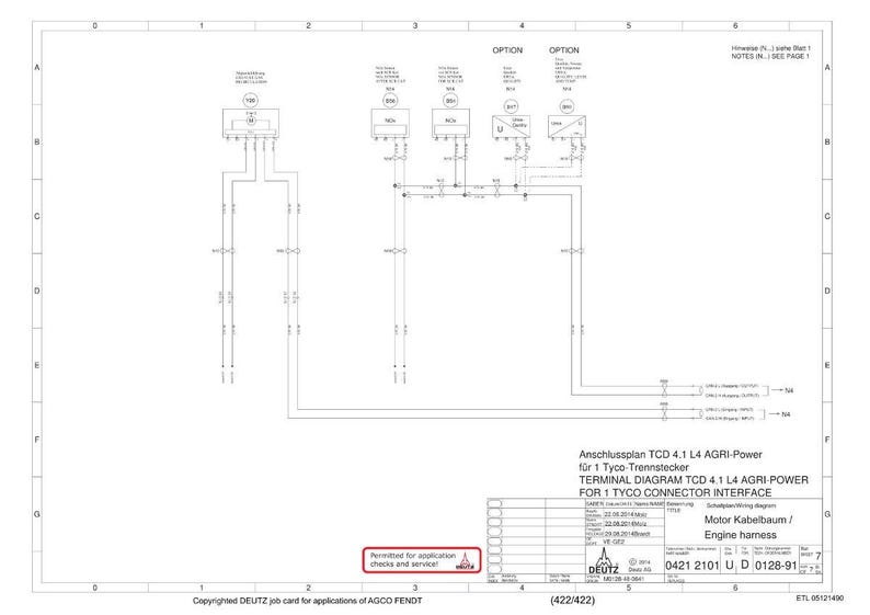 Op de afbeelding: Een technische tekening met een witte achtergrond, met een schema van een motorbedrading. Het diagram bevat verschillende elektrische componenten, lijnen en tekstlabels. De tekst bevat "TERMINAL DIAGRAM TCD 4.1 L4 AGRI POWER" en "Engine harness".