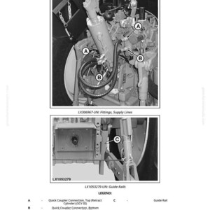 K&ouml;nnte beinhalten: Technische Zeichnung mit Maschinenteilen, darunter Hydraulikzylinder, Fittings und F&uuml;hrungsschienen. Das Bild enth&auml;lt die Beschriftungen A, B und C mit zugeh&ouml;rigen Textbeschreibungen. Die Texte "LX306967-UN: Fittings, Supply Lines" und "LX1053279-UN: Guide Rails" sind ebenfalls vorhanden.