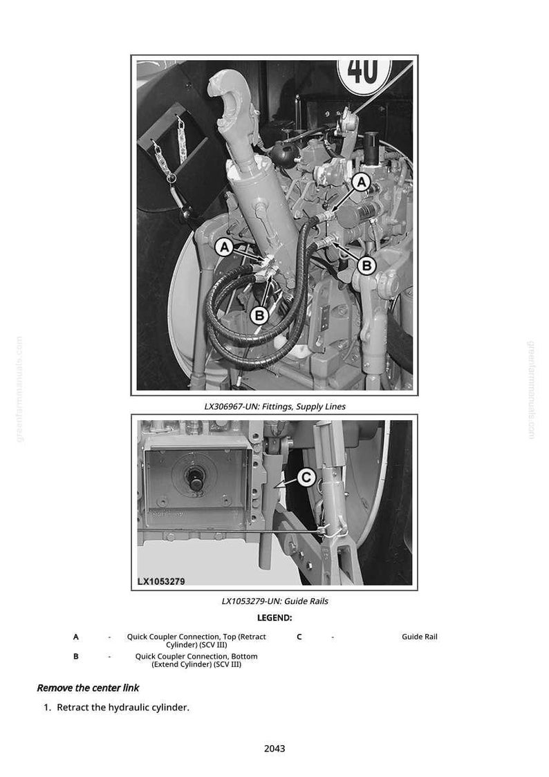 K&ouml;nnte beinhalten: Technische Zeichnung mit Maschinenteilen, darunter Hydraulikzylinder, Fittings und F&uuml;hrungsschienen. Das Bild enth&auml;lt die Beschriftungen A, B und C mit zugeh&ouml;rigen Textbeschreibungen. Die Texte "LX306967-UN: Fittings, Supply Lines" und "LX1053279-UN: Guide Rails" sind ebenfalls vorhanden.