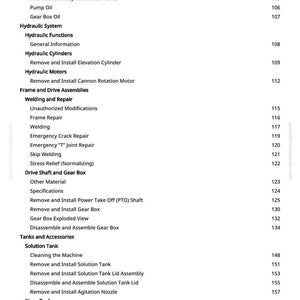 May include: A page from a manual with a table of contents. The headings include Lubricants, Hydraulic System, Welding and Repair, Drive Shaft and Gear Box, and Tanks and Accessories. Page numbers are listed on the right.