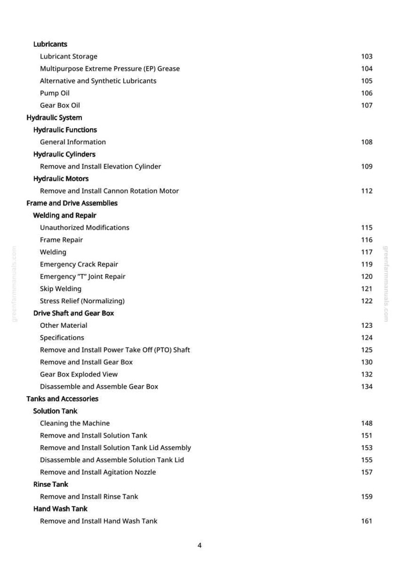 May include: A page from a manual with a table of contents. The headings include Lubricants, Hydraulic System, Welding and Repair, Drive Shaft and Gear Box, and Tanks and Accessories. Page numbers are listed on the right.
