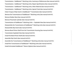 May include: A white page with the title "Transmissions - StalkBuster&trade; Mulching Units, Summary of References." The page lists various procedures related to StalkBuster&trade; mulching units, including repair specifications, special tools, and exploded views. The page number 274 is at the bottom.