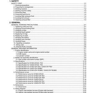 Op de afbeelding: Een gedetailleerde inhoudsopgave uit een handleiding, met secties over veiligheid, algemene voorzorgsmaatregelen en machine-informatie. Het document bevat specificaties, prestatiecurves, afmetingen en bedradingsschema's. De tekst is zwart op een witte achtergrond.