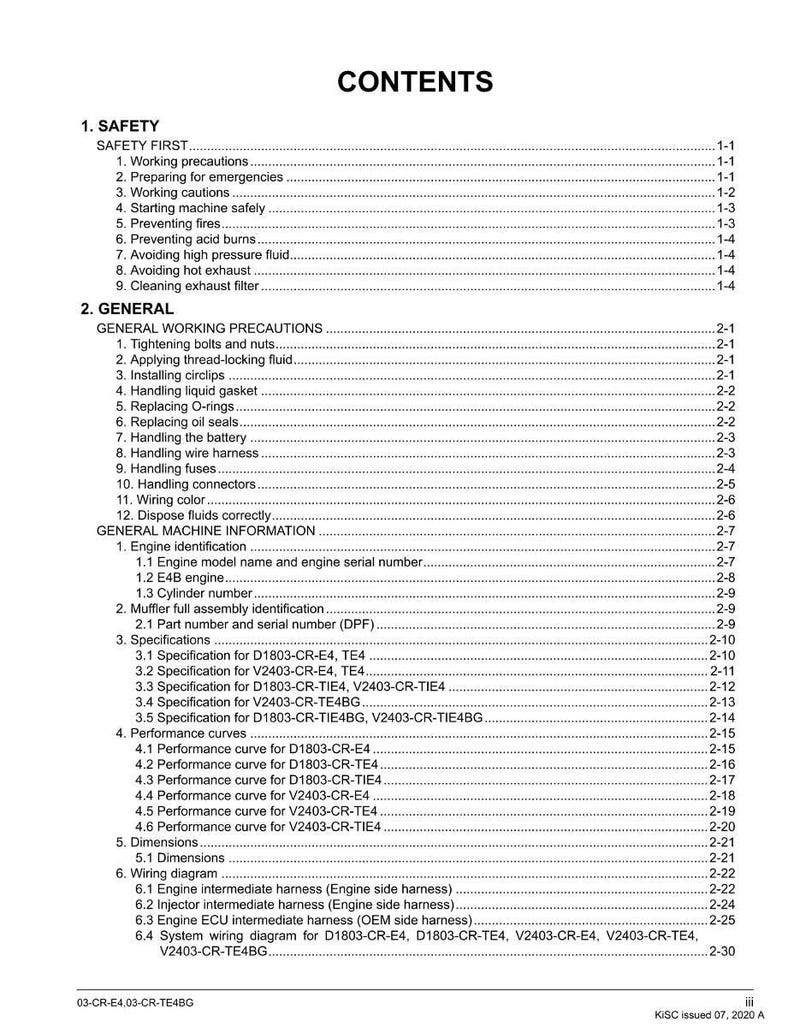 Op de afbeelding: Een gedetailleerde inhoudsopgave uit een handleiding, met secties over veiligheid, algemene voorzorgsmaatregelen en machine-informatie. Het document bevat specificaties, prestatiecurves, afmetingen en bedradingsschema's. De tekst is zwart op een witte achtergrond.
