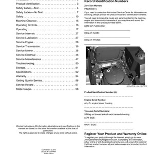 Op de afbeelding: Een gedrukte handleidingpagina met de titels "Inhoud" en "Productidentificatie". De pagina bevat secties over veiligheid, service en garantie-informatie. Er is een foto van een machineonderdeel en ruimtes om de aankoopdatum en dealerinformatie vast te leggen.