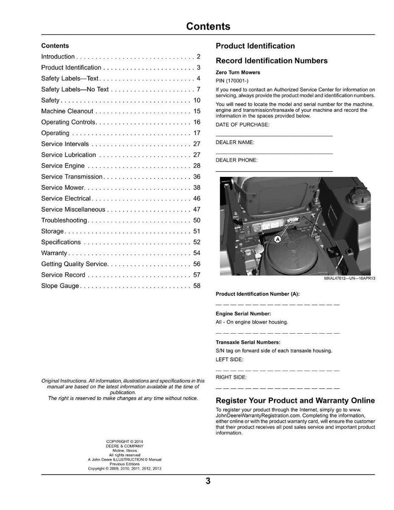 Op de afbeelding: Een gedrukte handleidingpagina met de titels "Inhoud" en "Productidentificatie". De pagina bevat secties over veiligheid, service en garantie-informatie. Er is een foto van een machineonderdeel en ruimtes om de aankoopdatum en dealerinformatie vast te leggen.