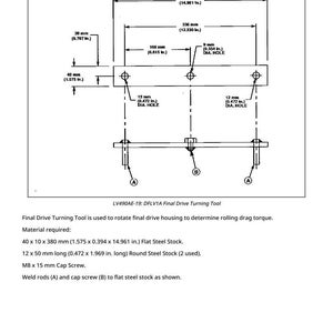 May include: Diagram of the DFLV1A Final Drive Turning Tool, with measurements in inches. The tool includes a flat steel stock, round steel stock, and cap screws. Dimensions are provided for each component.