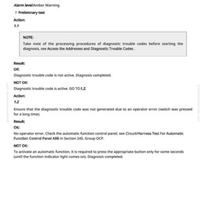 May include: A technical document titled "OCP 300309.03 - Home Position Switch Failure." The document details troubleshooting steps, including preliminary tests and actions to resolve the issue. Text includes "Alarm level: Amber Warning" and diagnostic results.