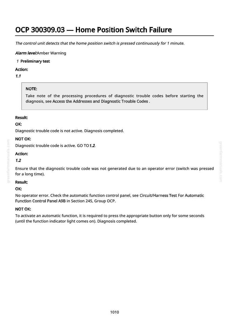 May include: A technical document titled "OCP 300309.03 - Home Position Switch Failure." The document details troubleshooting steps, including preliminary tests and actions to resolve the issue. Text includes "Alarm level: Amber Warning" and diagnostic results.