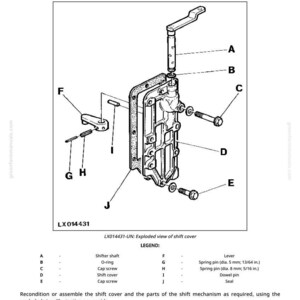 May include: An exploded diagram of a PowrQuad transmission shift cover, labeled with letters and part names. Includes a lever, cap screws, and spring pins. The text reads "Reconditioning the Shift Cover."