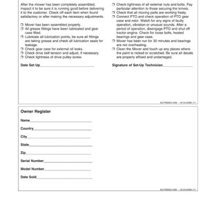 Pode incluir: Um documento branco intitulado "Checklists" com as se&ccedil;&otilde;es "Predelivery Checklist" e "Owner Register". A lista de verifica&ccedil;&atilde;o inclui itens como a verifica&ccedil;&atilde;o da montagem do cortador de grama, lubrifica&ccedil;&atilde;o e caixa de engrenagens. O registro do propriet&aacute;rio tem campos para nome, pa&iacute;s e n&uacute;mero de s&eacute;rie.