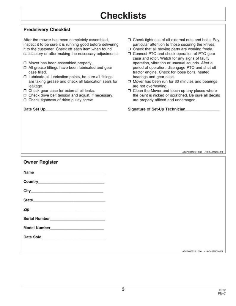Pode incluir: Um documento branco intitulado "Checklists" com as se&ccedil;&otilde;es "Predelivery Checklist" e "Owner Register". A lista de verifica&ccedil;&atilde;o inclui itens como a verifica&ccedil;&atilde;o da montagem do cortador de grama, lubrifica&ccedil;&atilde;o e caixa de engrenagens. O registro do propriet&aacute;rio tem campos para nome, pa&iacute;s e n&uacute;mero de s&eacute;rie.