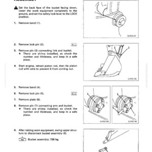 May include: Diagram showing instructions for removing a bucket assembly. The image details steps such as removing bands, lock pins, and plates. Text provides instructions and diagrams for the disassembly and assembly of the bucket.
