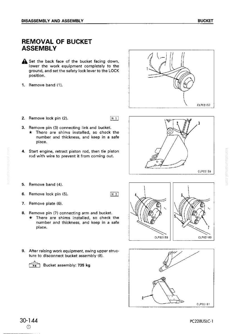 May include: Diagram showing instructions for removing a bucket assembly. The image details steps such as removing bands, lock pins, and plates. Text provides instructions and diagrams for the disassembly and assembly of the bucket.