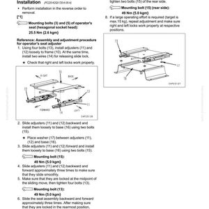 May include: Diagram of a seat assembly with instructions for disassembly and assembly. Includes diagrams of parts, torque specifications in Newton meters, and a list of steps for installation and adjustment.