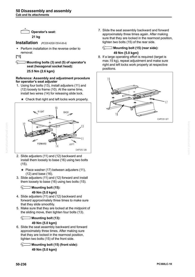 May include: Diagram of a seat assembly with instructions for disassembly and assembly. Includes diagrams of parts, torque specifications in Newton meters, and a list of steps for installation and adjustment.