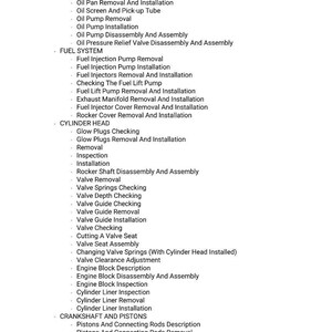 May include: A detailed list of automotive repair services, including water pump installation, fuel system maintenance, and cylinder head work. The text is in black against a white background, providing a clear and organized layout for easy reading.