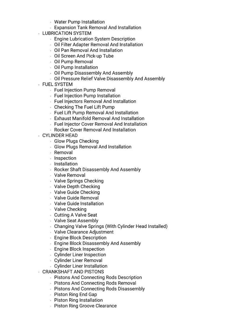 May include: A detailed list of automotive repair services, including water pump installation, fuel system maintenance, and cylinder head work. The text is in black against a white background, providing a clear and organized layout for easy reading.