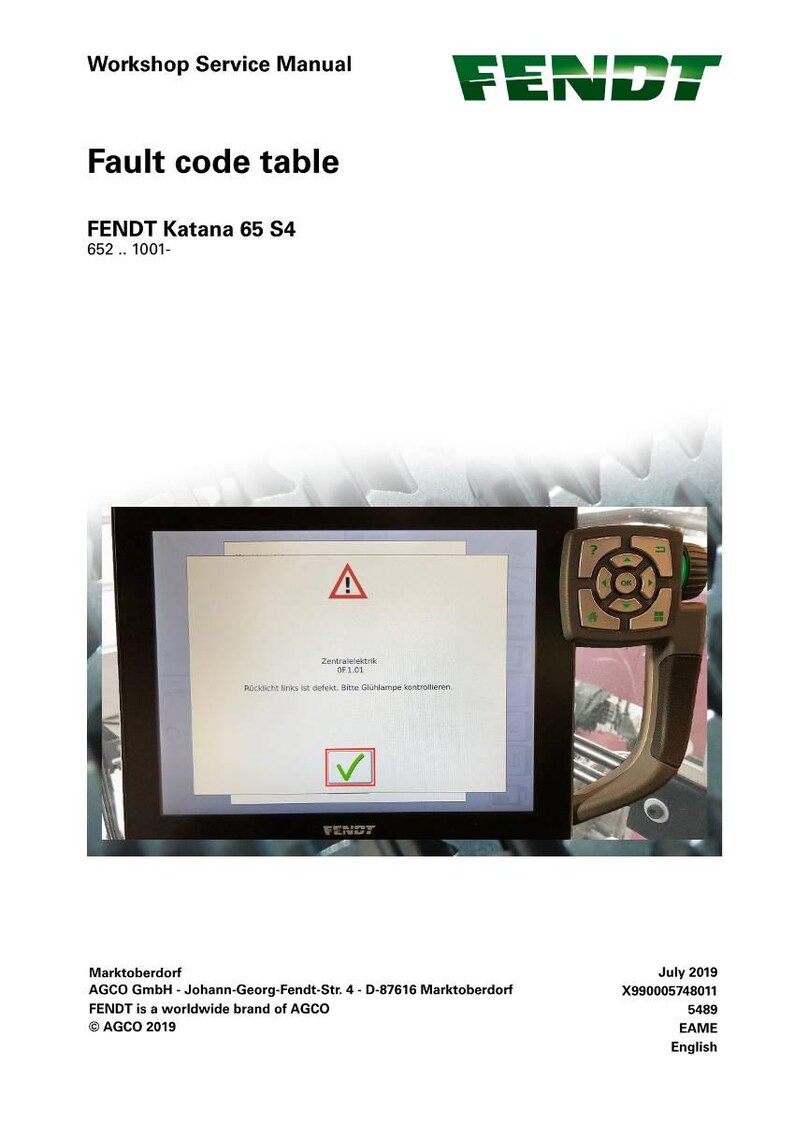 May include: A workshop service manual titled "Fault code table" for a Fendt Katana 65 S4. The image shows a screen displaying a fault message with a warning symbol and a checkmark. A handheld control device is visible.