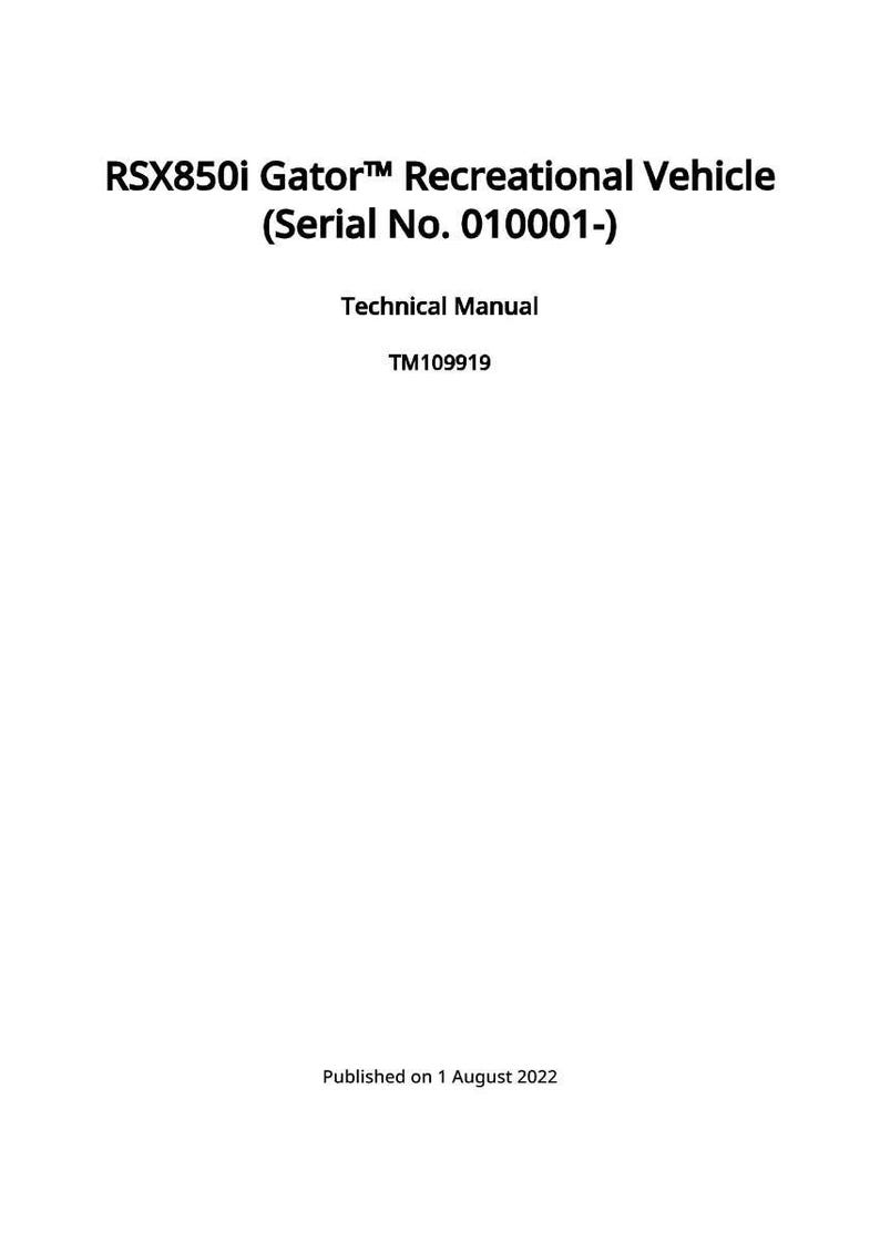 Op de afbeelding: Een wit document met zwarte tekst. De tekst luidt "RSX850i Gator Recreational Vehicle (Serial No. 010001-)", "Technical Manual" en "TM109919". Het document is gepubliceerd op 1 augustus 2022.