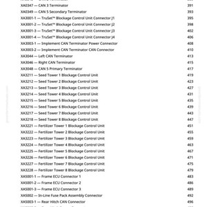 May include: A detailed list of electrical components, including terminators, connectors, and sensors, is displayed on a white background. The text is organized into categories such as "Electrical Assemblies" and "Sensors", with corresponding page numbers.