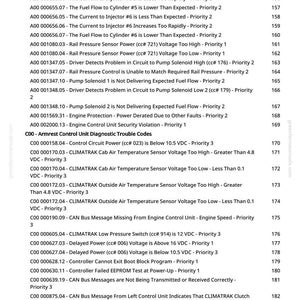 May include: A printed page detailing diagnostic trouble codes for a vehicle's armrest control unit. The codes cover issues with fuel flow, sensors, and engine control. The page has a white background with black text.