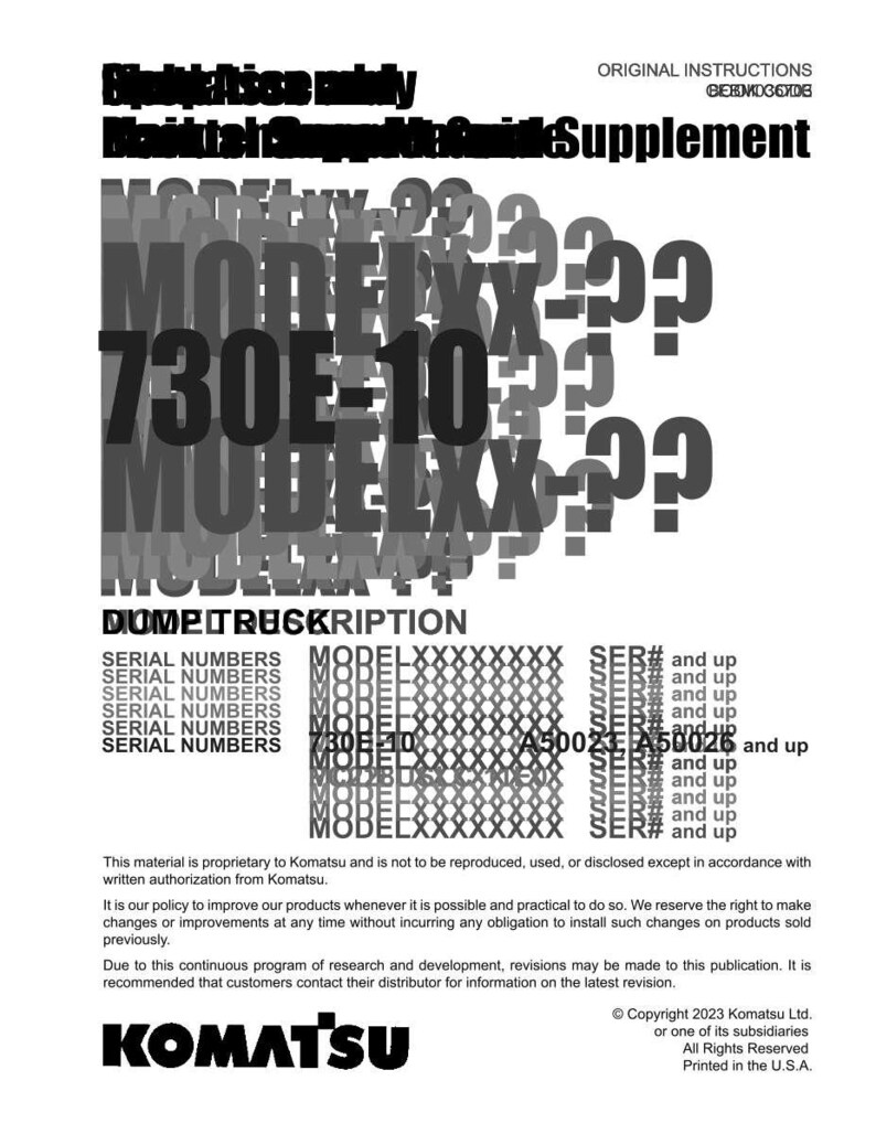 Puede incluir: Documento blanco con texto negro, incluyendo las palabras "Instrucciones Originales Suplemento" y "730E-10". El logotipo de Komatsu est&aacute; en la parte inferior. El documento contiene informaci&oacute;n t&eacute;cnica y n&uacute;meros de serie.