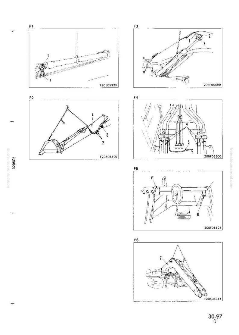 May include: Detailed technical illustrations of machinery components, including hydraulic cylinders, linkages, and structural elements. The diagrams are labeled with numbers and appear to be from a service manual, with the page number 30-97.