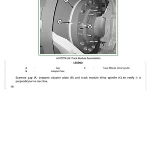May include: An image of a mechanical component with labels A, B, and C. The text reads "H107774-UN: Track Module Examination" and "Examine gap (A) between adapter plate (B) and track module drive spindle (C) to verify it is perpendicular to machine."