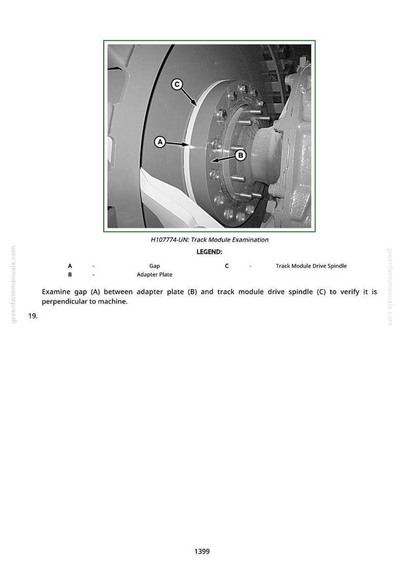 May include: An image of a mechanical component with labels A, B, and C. The text reads "H107774-UN: Track Module Examination" and "Examine gap (A) between adapter plate (B) and track module drive spindle (C) to verify it is perpendicular to machine."