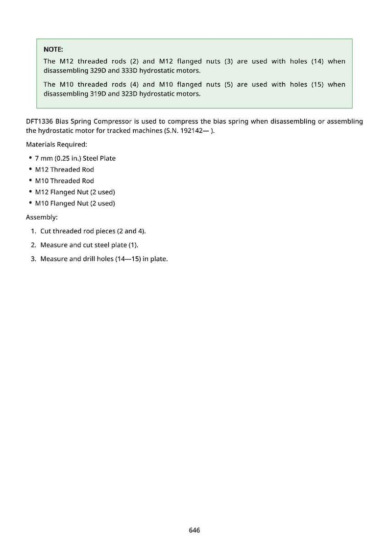 May include: Technical document with instructions for assembling and disassembling hydrostatic motors. Includes a list of required materials such as a 7 mm steel plate and M12 threaded rods. The document also provides assembly steps.