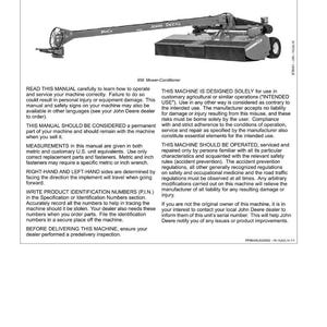 Puede incluir: Manual de una John Deere 956 segadora-acondicionadora. El manual incluye informaci&oacute;n de seguridad, instrucciones de funcionamiento y especificaciones. La m&aacute;quina est&aacute; dise&ntilde;ada para uso agr&iacute;cola. Medidas en unidades m&eacute;tricas.