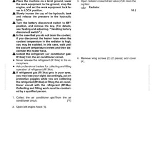 Pode incluir: P&aacute;gina de um manual da Komatsu com instru&ccedil;&otilde;es para remover e instalar um conjunto da cabine do operador. O texto detalha etapas como drenar o l&iacute;quido de arrefecimento e remover parafusos. A p&aacute;gina inclui diagramas e avisos de seguran&ccedil;a.
