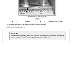 Pu&ograve; includere: Schema di un ponte di tenuta di riparazione, con etichette per la barra falciante e i coperchi del tavolo. Il testo include le istruzioni per estendere e ritrarre la barra falciante e pulire i coperchi. L'immagine include anche il testo "IMPORTANT: Observe utmost cleanness."