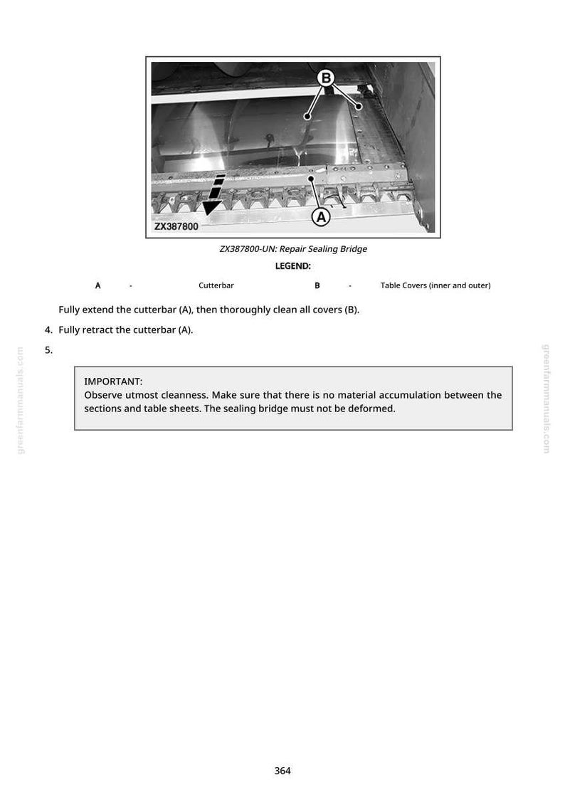 Pu&ograve; includere: Schema di un ponte di tenuta di riparazione, con etichette per la barra falciante e i coperchi del tavolo. Il testo include le istruzioni per estendere e ritrarre la barra falciante e pulire i coperchi. L'immagine include anche il testo "IMPORTANT: Observe utmost cleanness."
