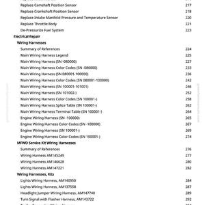 May include: A manual page detailing automotive repair procedures. The text lists various topics such as "Replace Fuel Injector" and "Wiring Harnesses, Kits." The page also includes a section on electrical repair.